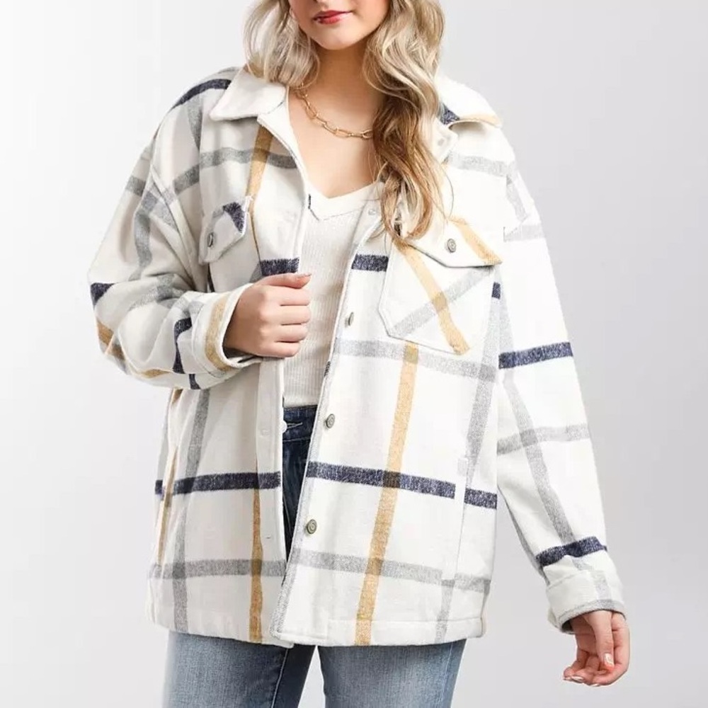 Ashley By 26 International Plaid Utility Jacket - Cream, Tan, Blue